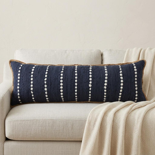 14" X 36" Navy Blue And White Lumbar Beach Striped Cotton Blend Throw Pillow Cover