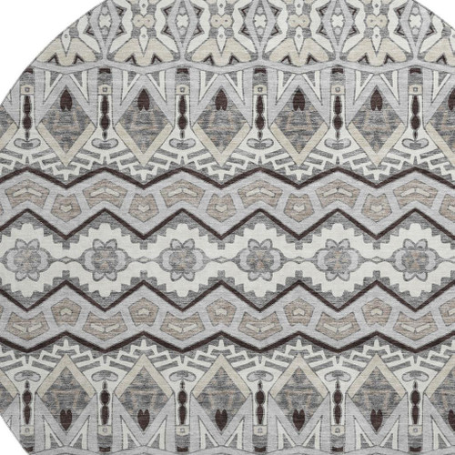 8' Gray Ivory And Beige Moroccan Washable Round Rug With UV Protection