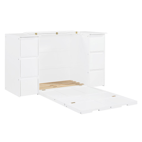 White Wood Twin Murphy Bed With Drawers
