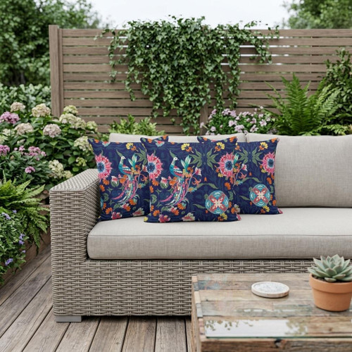 Set of Three Blue And Pink Peacock Floral Indoor Outdoor Throw Pillow