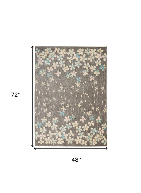 4' X 6' Beige And Gray Botanical Leaves Area Rug
