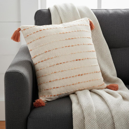 20" Brown And Ivory Striped Cotton Blend Throw Pillow with Tassels