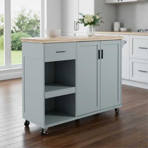 49" Light Blue Wood Barn Door Rolling Kitchen Island With Storage