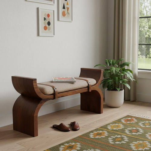 47" Brown Solid Wood Storage Bench With Cabinet
