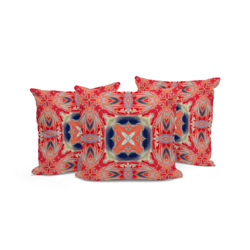 Set of Three Red Indigo Green And Cream Floral Indoor Outdoor Throw Pillow