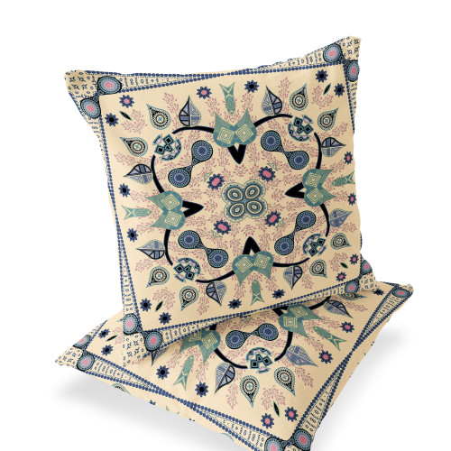 Set of Two Beige Green And Black Botanical Indoor Outdoor Throw Pillow