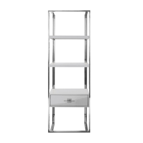 71" Light Gray Stainless Steel and Wood Three Tier Etagere Bookcase with A Drawer