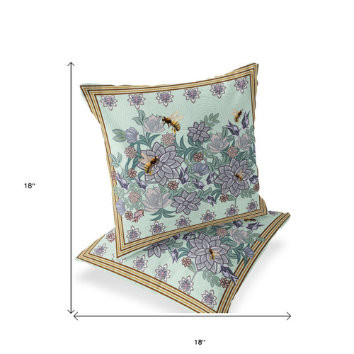 Set of Two Light Green Purple And Brown Bee Floral Indoor Outdoor Throw Pillow