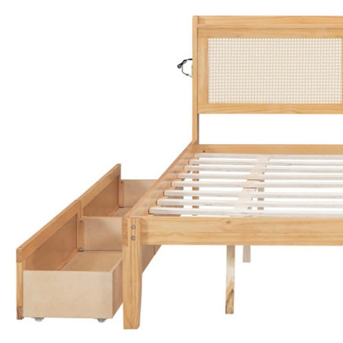 Natural Wood Queen Bed Frame With Trundle And USB And Drawers