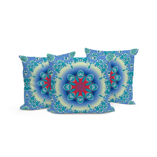 Set of Three Blue And Red Geometric Indoor Outdoor Throw Pillow