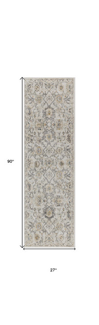 8' Gray Ivory And Yellow Floral Distressed Runner Rug