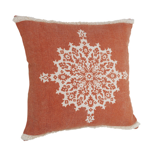 20" Orange And White Medallion Cotton Throw Pillow with Tufts