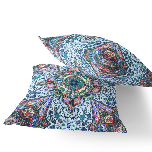 Set of Two Blue And Pink Floral Indoor Outdoor Throw Pillow