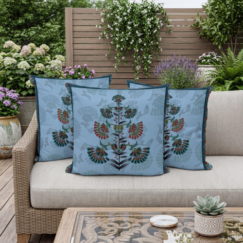 Set of Three Sky Blue And Red Botanical Indoor Outdoor Throw Pillow