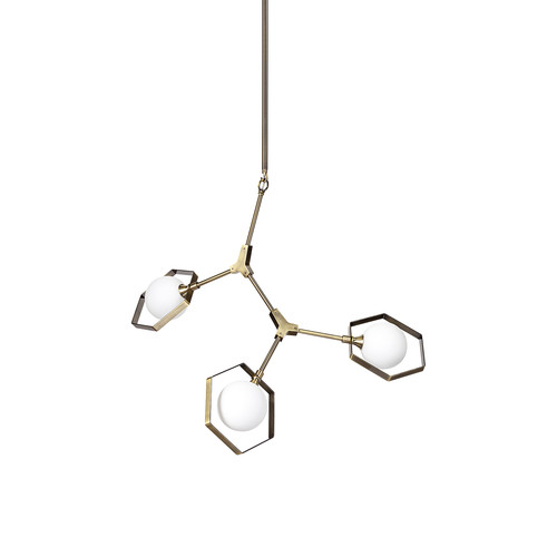 Champagne Unique Statement Three Light Metal and Glass Dimmable Chandelier With White Shades