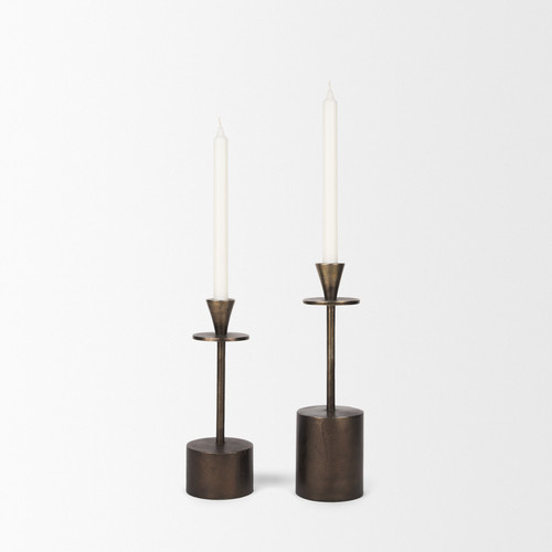 Set of Two Antiqued Gold Metal Floor Taper Candlesticks