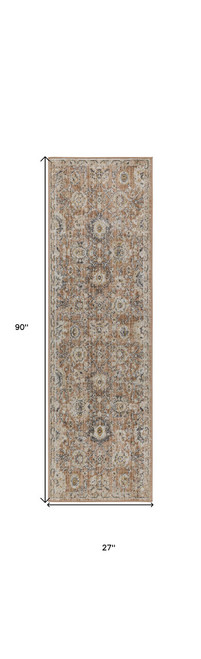 8' Rust Green And Black Floral Distressed Runner Rug