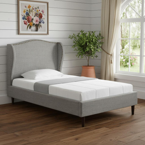 Gray Linen Upholstered Twin Bed Frame With Nailhead Trim