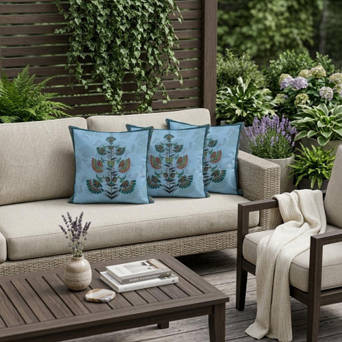 Set of Three Sky Blue And Red Botanical Indoor Outdoor Throw Pillow