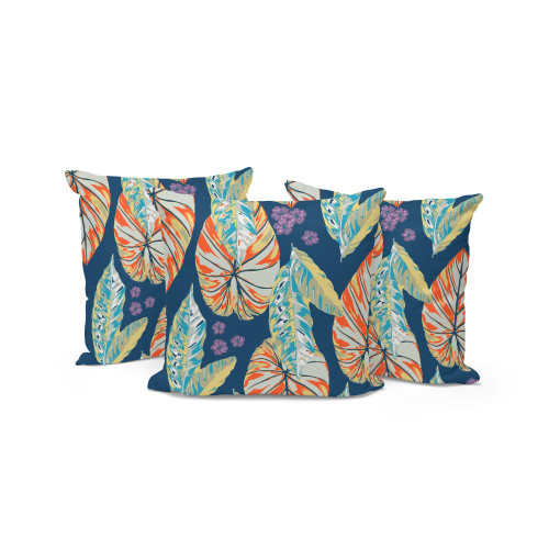 Set of Three Orange And Dark Blue Botanical Indoor Outdoor Throw Pillow