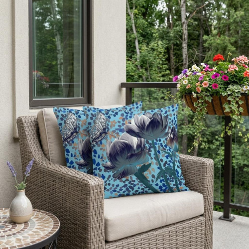 Set of Two Indigo White Aqua And Sky Blue Floral Indoor Outdoor Throw Pillow