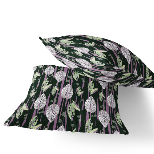 Set of Two Purple And Dark Green Botanical Indoor Outdoor Throw Pillow