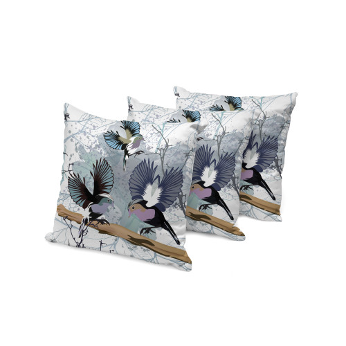 Set of Three White Gray And Black Bird Indoor Outdoor Throw Pillow