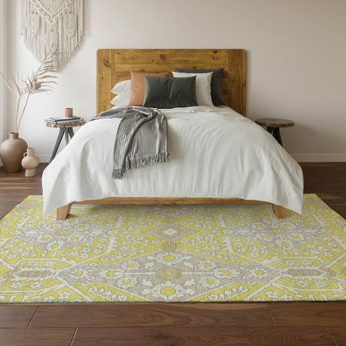 5' X 8' Yellow Ivory And Beige Floral Washable Area Rug With UV Protection