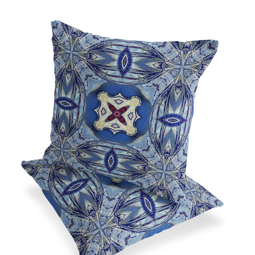 Set of Two Sky Blue And Blue Floral Indoor Outdoor Throw Pillow