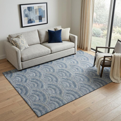 5' X 8' Denim Blue Ivory And Gray Geometric Washable Area Rug With UV Protection