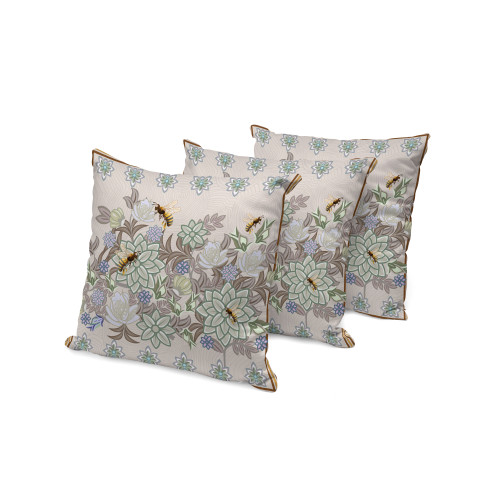 Set of Three Green And Brown Bee Floral Indoor Outdoor Throw Pillow