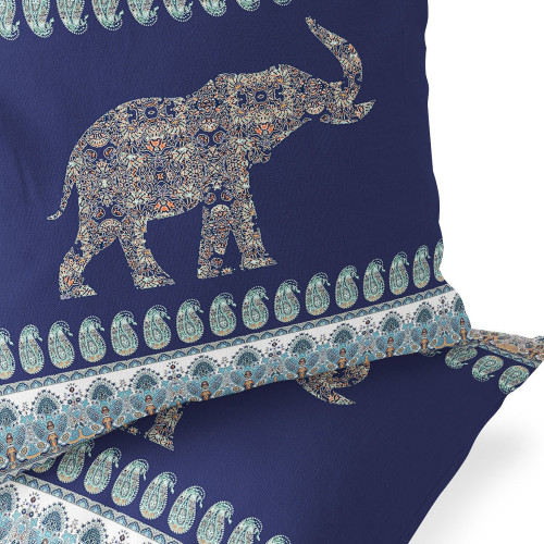 Set of Two Navy Blue White And Light Blue Elephant Paisley Indoor Outdoor Throw Pillow