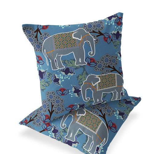 Set of Two Blue And White Elephant Indoor Outdoor Throw Pillow