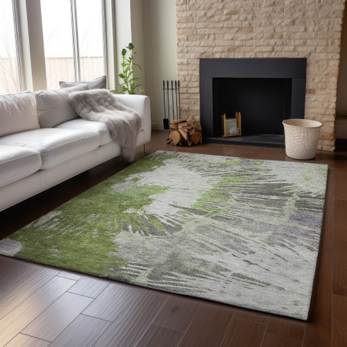 10' X 14' Olive Green Ivory And Gray Abstract Washable Area Rug With UV Protection