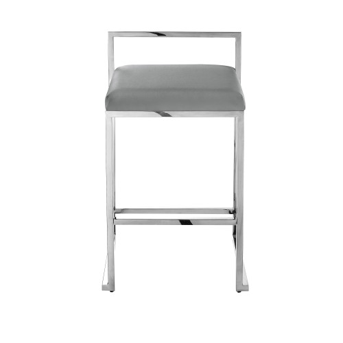 Set of Two Gray and Silver Stainless Steel and Faux Leather Low Back Counter Height Bar Chairs