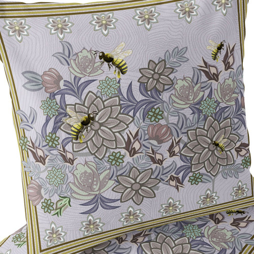 Set of Two Purple And Brown Bee Floral Indoor Outdoor Throw Pillow