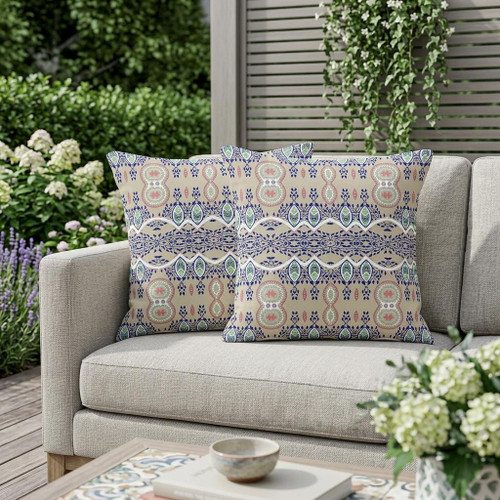 Set of Two Beige Blue And White Botanical Indoor Outdoor Throw Pillow