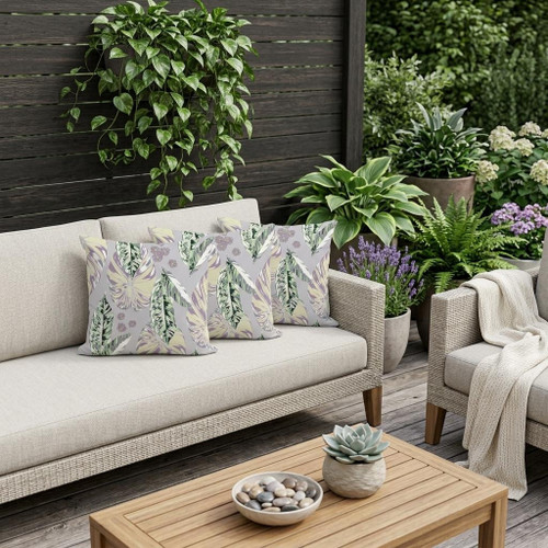 Set of Three Purple And Gray Botanical Indoor Outdoor Throw Pillow