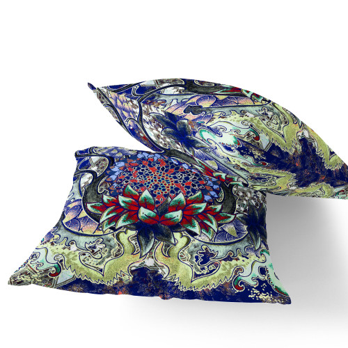 Set of Two Blue Red Green And White Sunflower Indoor Outdoor Throw Pillow