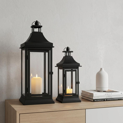 Set of Two Black Glass Floor Candelabra Candle Holders