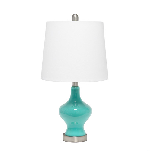 23" Teal Blue And Silver Glass And Metal Novelty Table Lamp With White Drum Shade