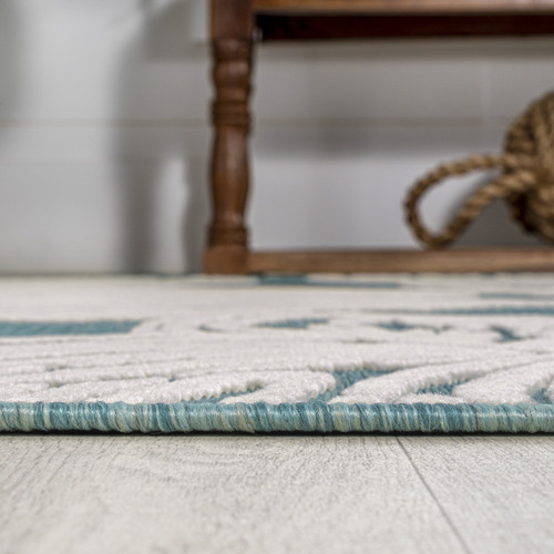 8' Blue And Ivory Floral Indoor Outdoor Runner Rug