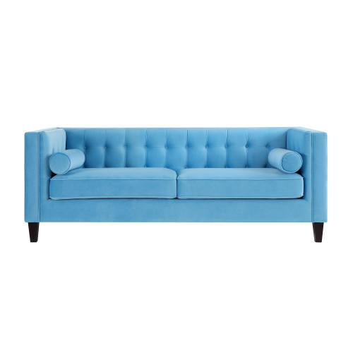 83" Sky Blue Velvet Wood Sofa With Toss Pillows