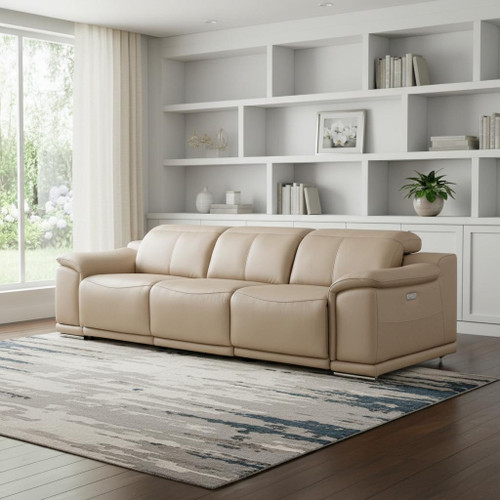 108" Beige Leather Reclining Stainless Steel USB Sofa