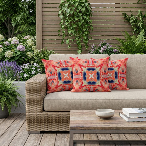 Set of Three Red Indigo Green And Cream Floral Indoor Outdoor Throw Pillow