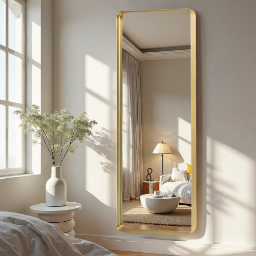 Gold Aluminum Freestanding Ornate Framed Accent Mirror