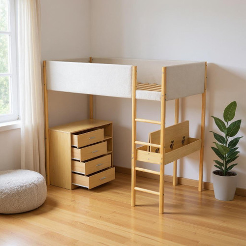 Natural Platform Wood Twin Loft Bed With Desk And Drawers