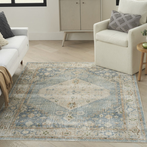 4' X 6' Blue Yellow And Cream Floral Medallion Distressed Washable Area Rug