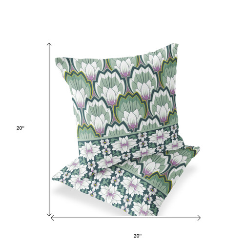 Set of Two Green And Pink Floral Indoor Outdoor Throw Pillow