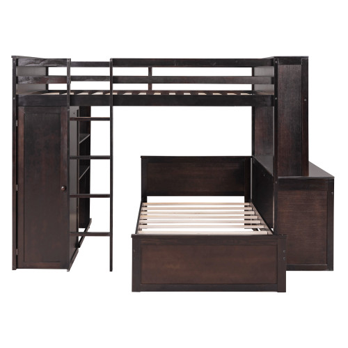 Espresso Slat Solid Wood Full Double Loft Bed with Desk and Shelves